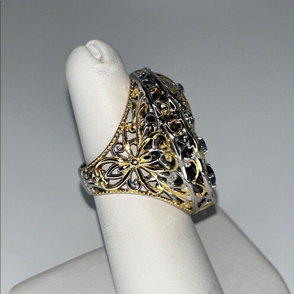 Flowing Hair Beauty Matte Sterling Gold Accent London Blue Topaz Designer Ring - Picture 3 of 9